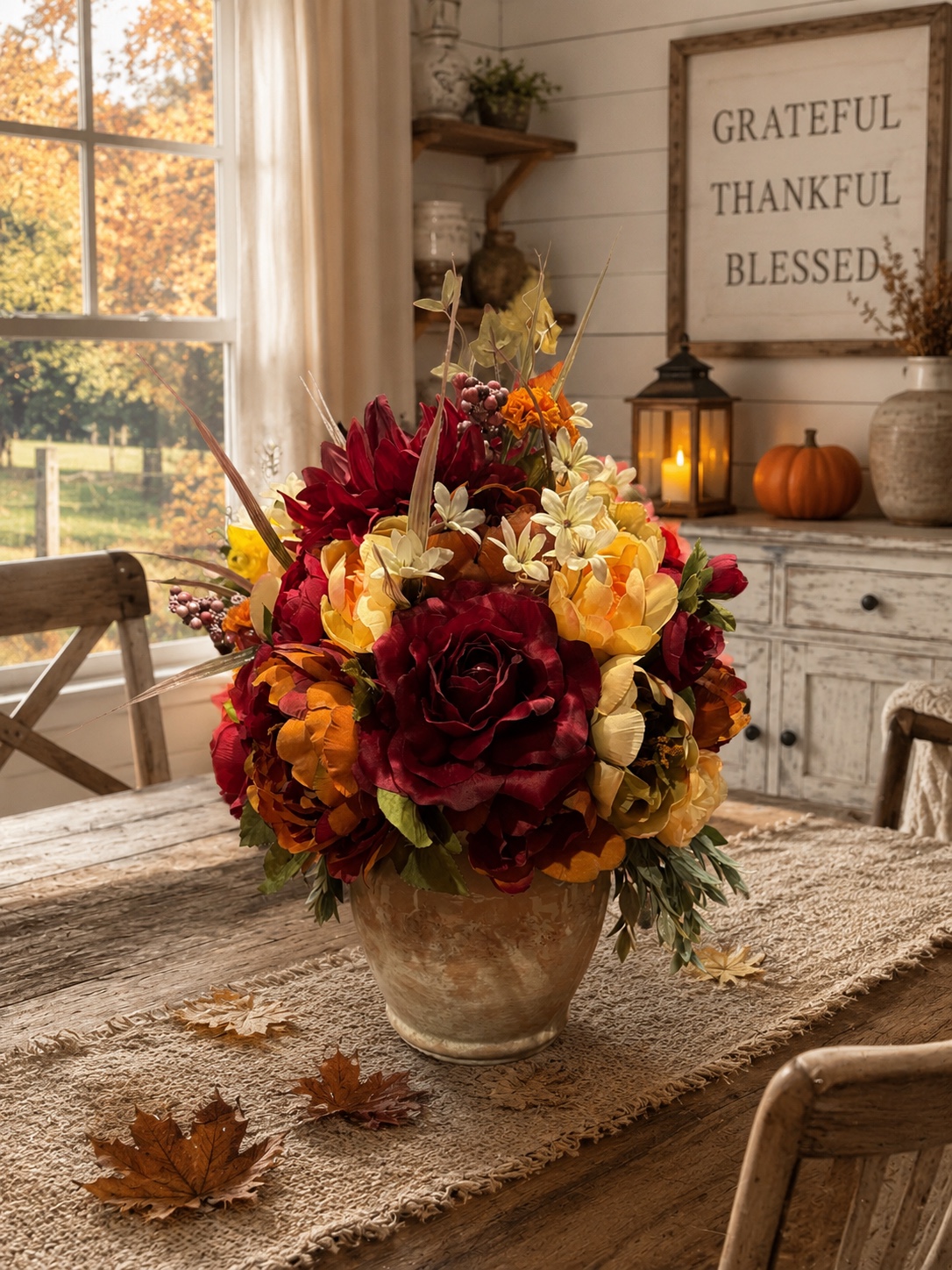 Full autumn arrangement with burgundy, cream and golden flowers in a textured vase