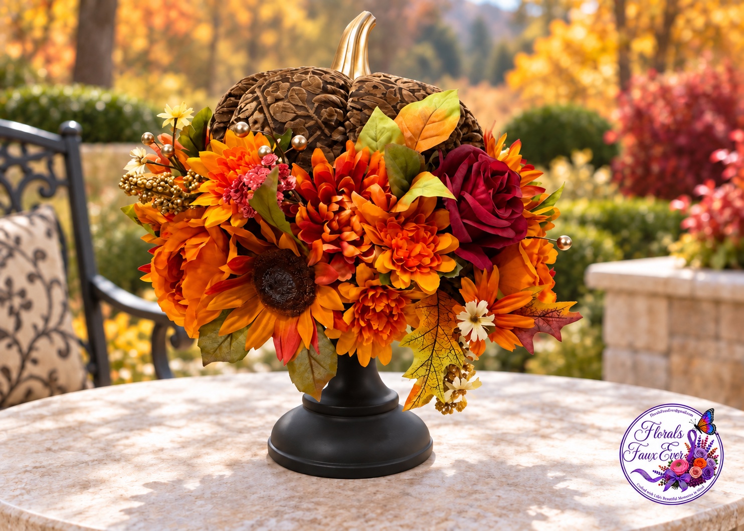 Fall floral arrangement with pumpkin, sunflowers and rich autumn blooms