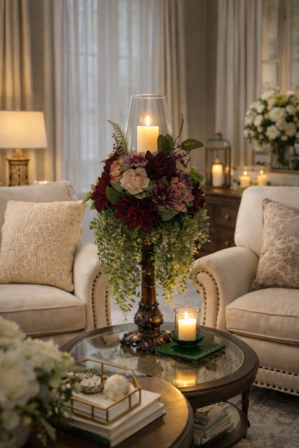 Tall burgundy and blush floral candle arrangement with cascading greenery