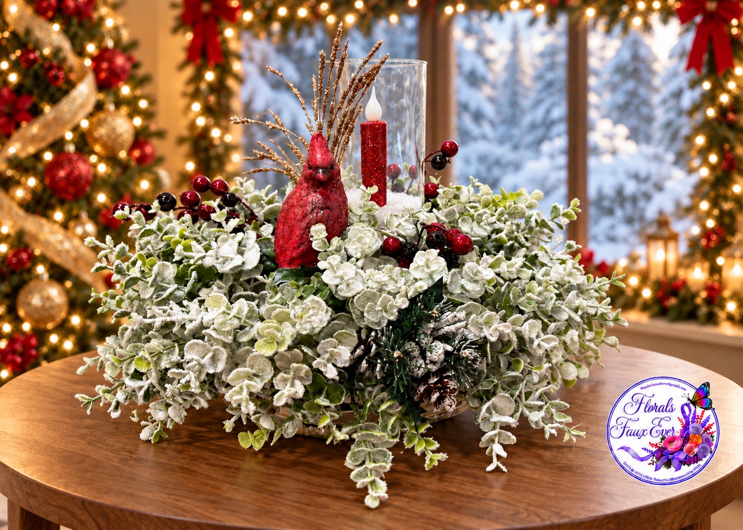 Frosted white winter arrangement with a red cardinal and candle