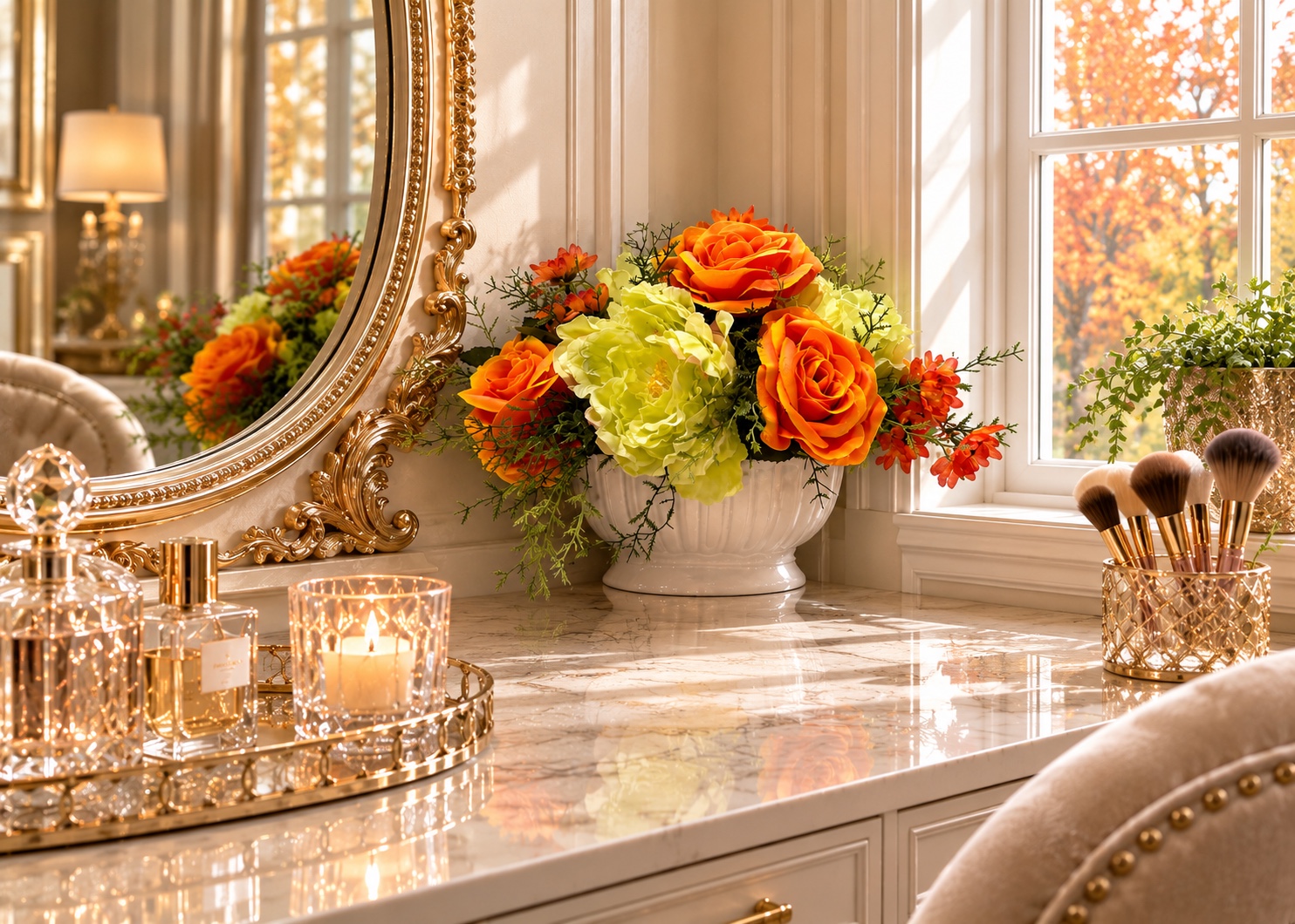 Small orange rose and lime hydrangea arrangement in a white pedestal vase