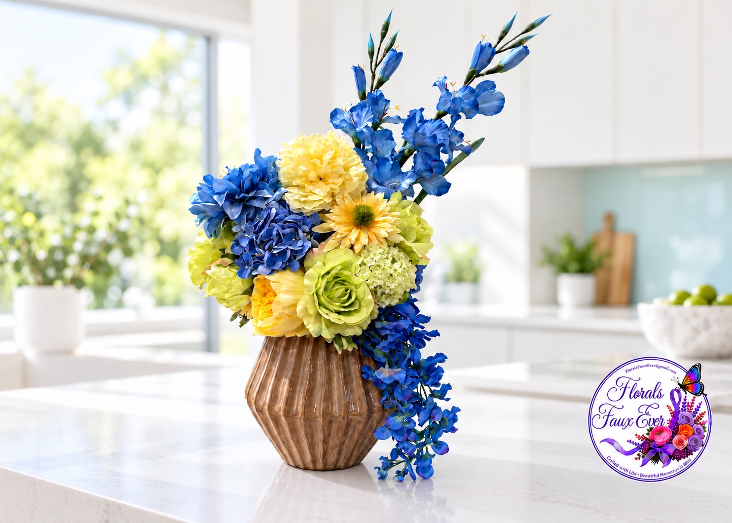 Blue and yellow floral arrangement in a bronze vase