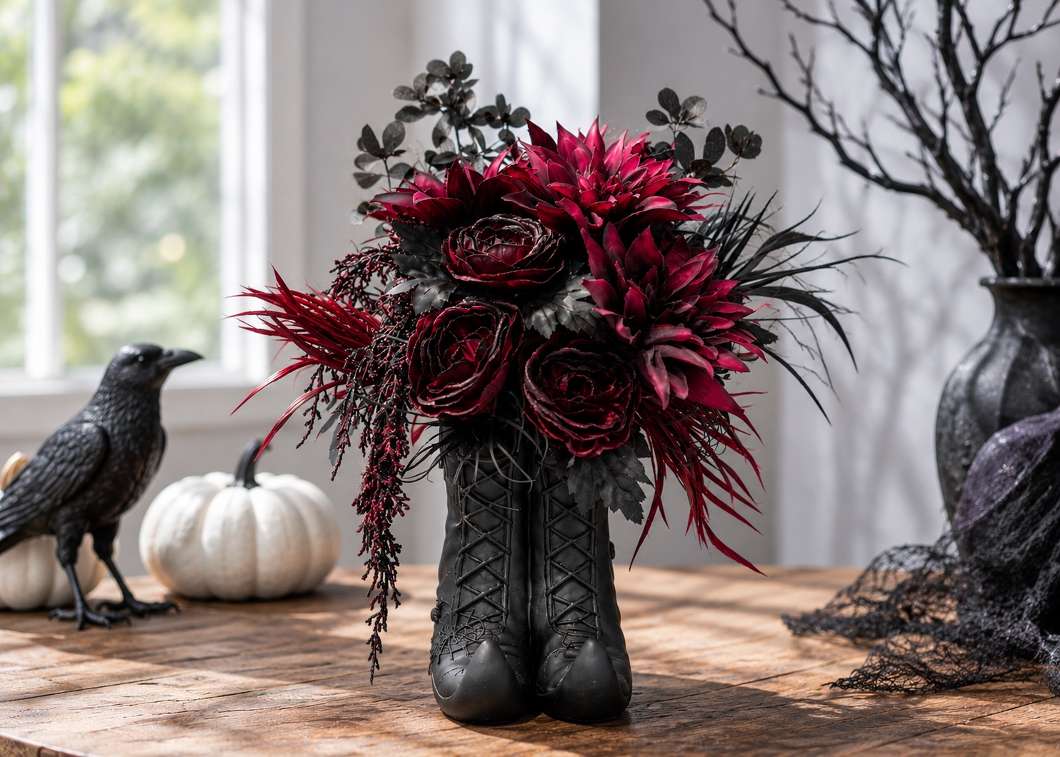 Black boot floral arrangement with deep crimson and black blooms
