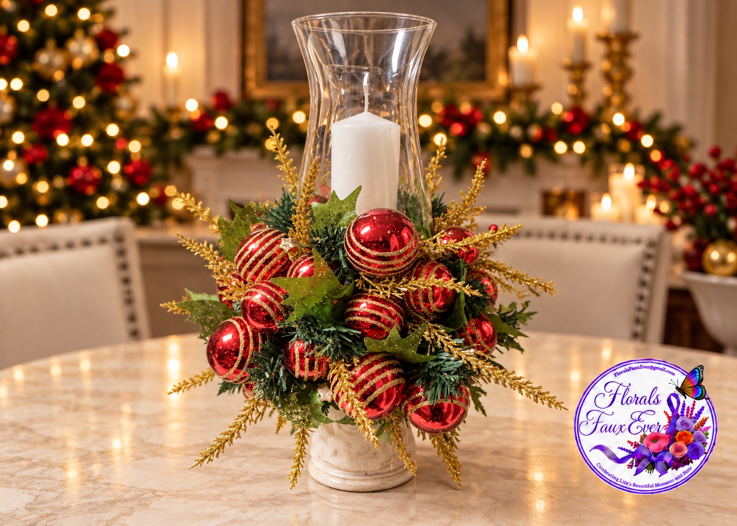 Red and gold Christmas ornament arrangement with a glass hurricane candle