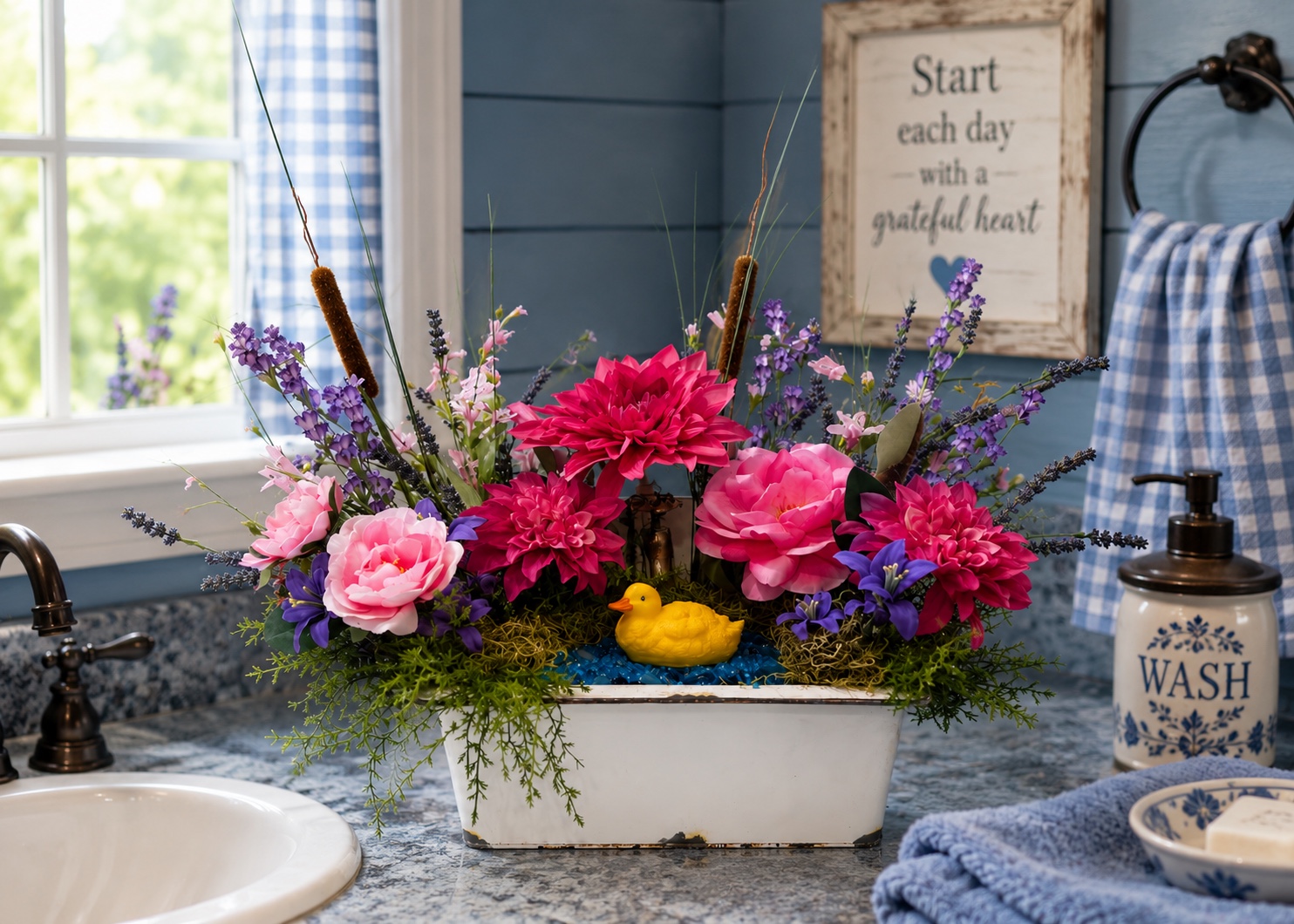 Colorful floral arrangement with a small yellow duck in a vintage white sink