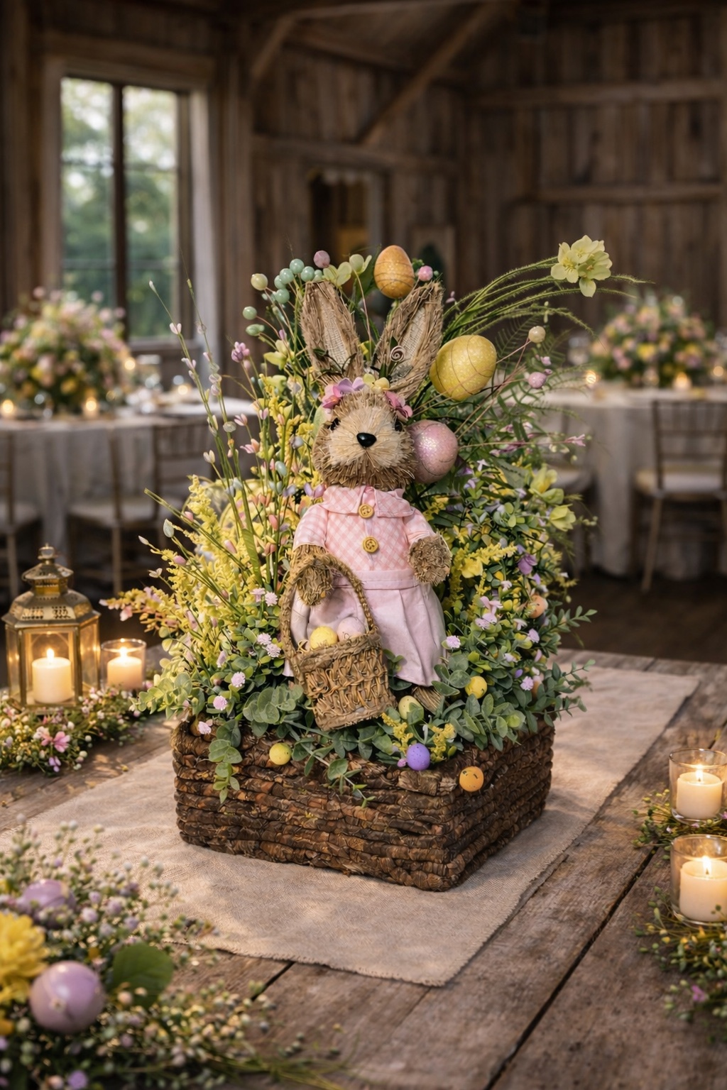 Large Easter bunny arrangement with pastel eggs and spring flowers in a woven basket