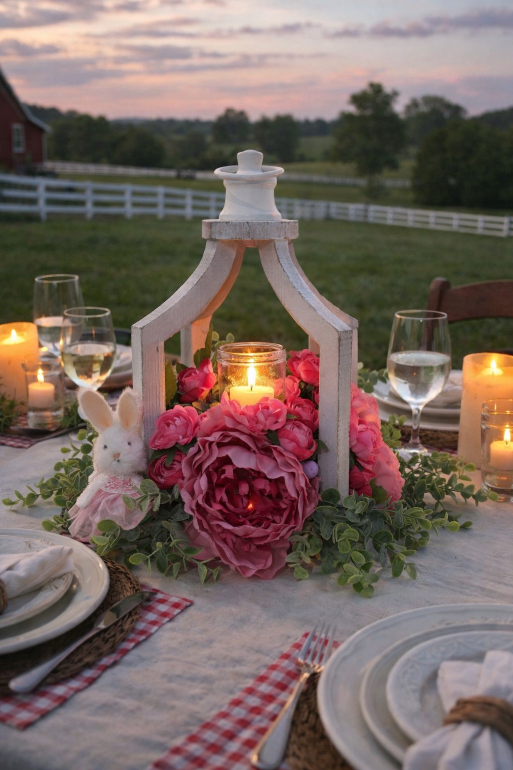 Pink Easter floral arrangement surrounding a white lantern with a bunny accent