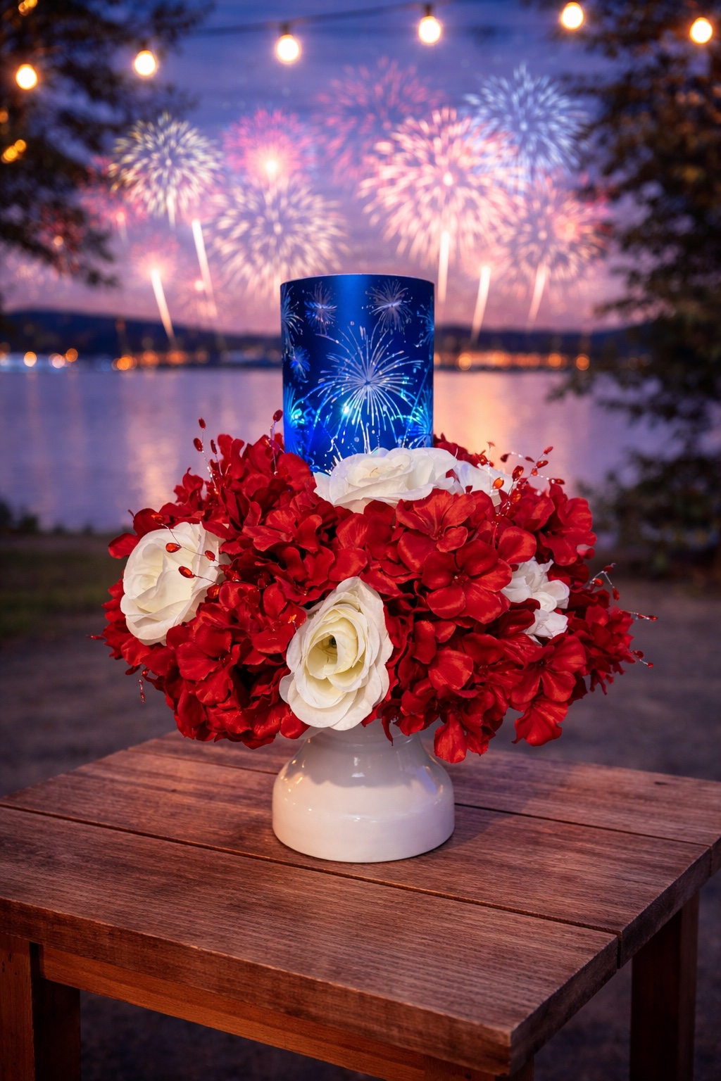 Red and white patriotic floral arrangement with a blue flashing fireworks light