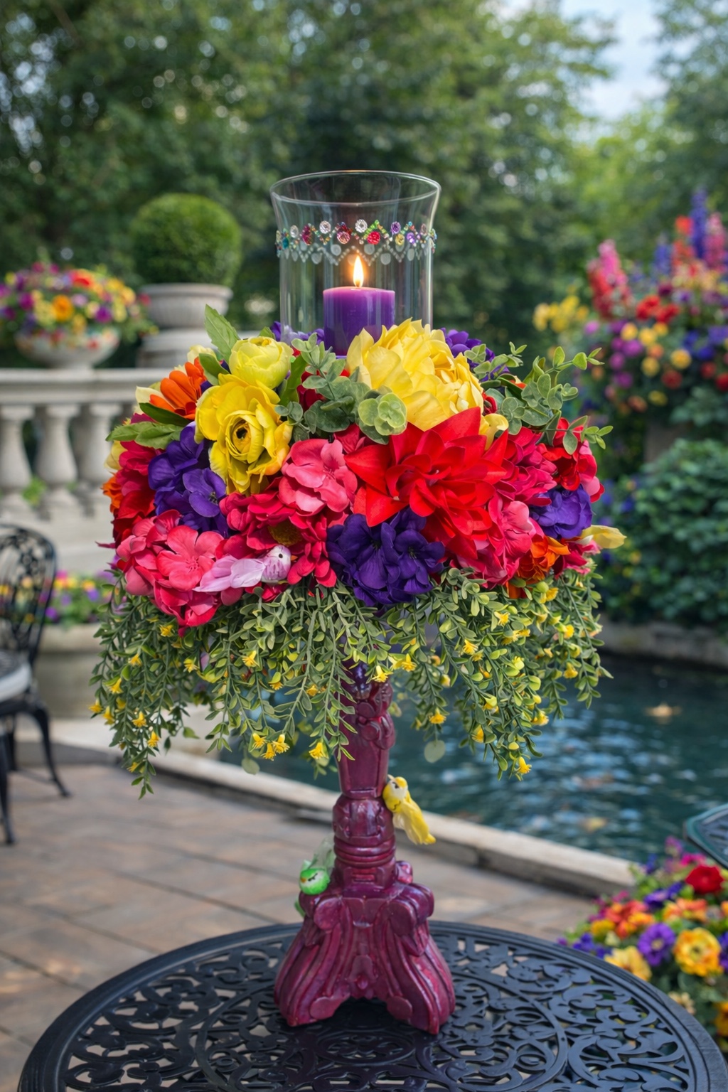 Vibrant multicolor floral candle arrangement with cascading greenery and bird accents