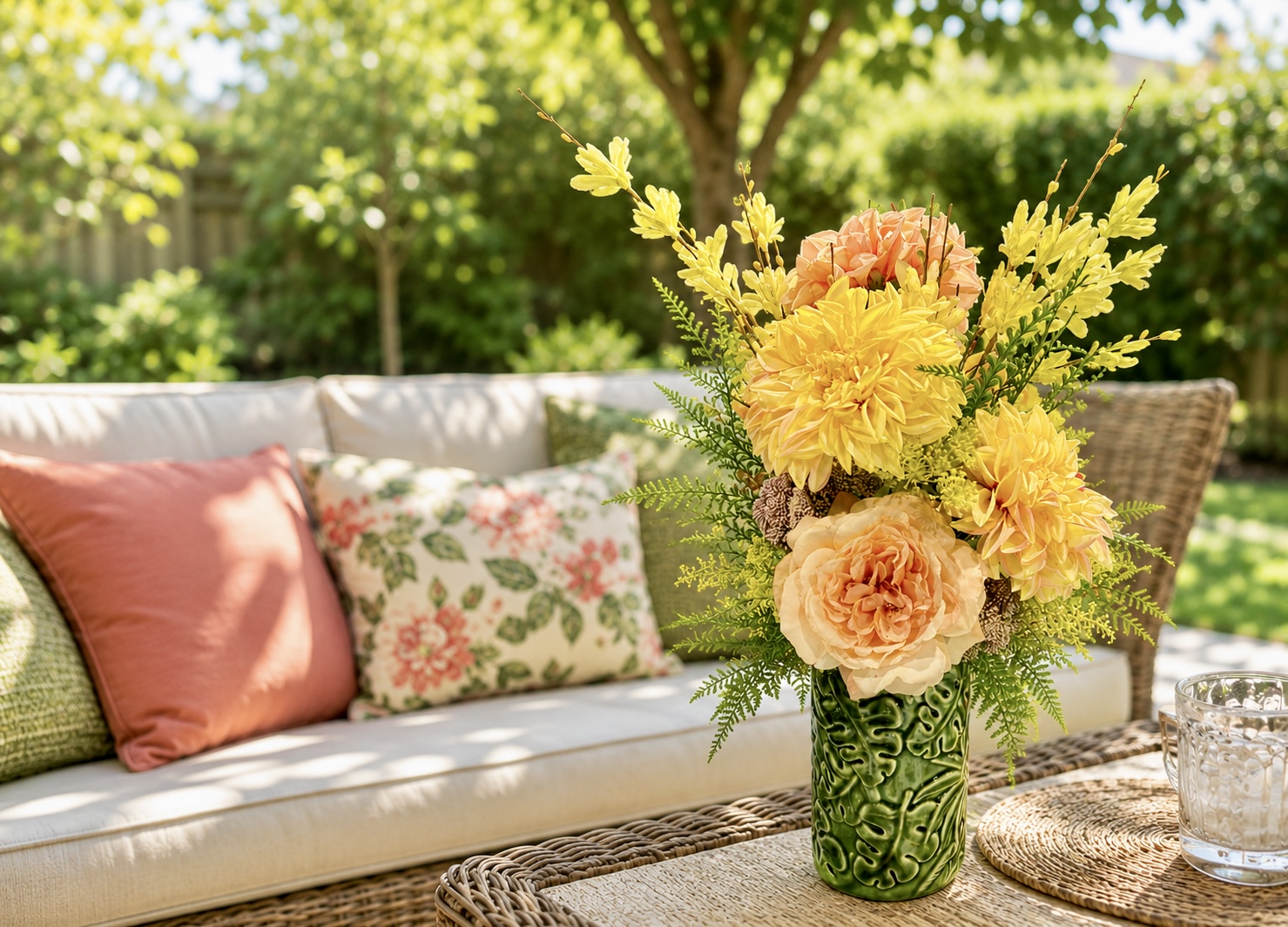 Golden yellow and peach floral arrangement in a textured green vase