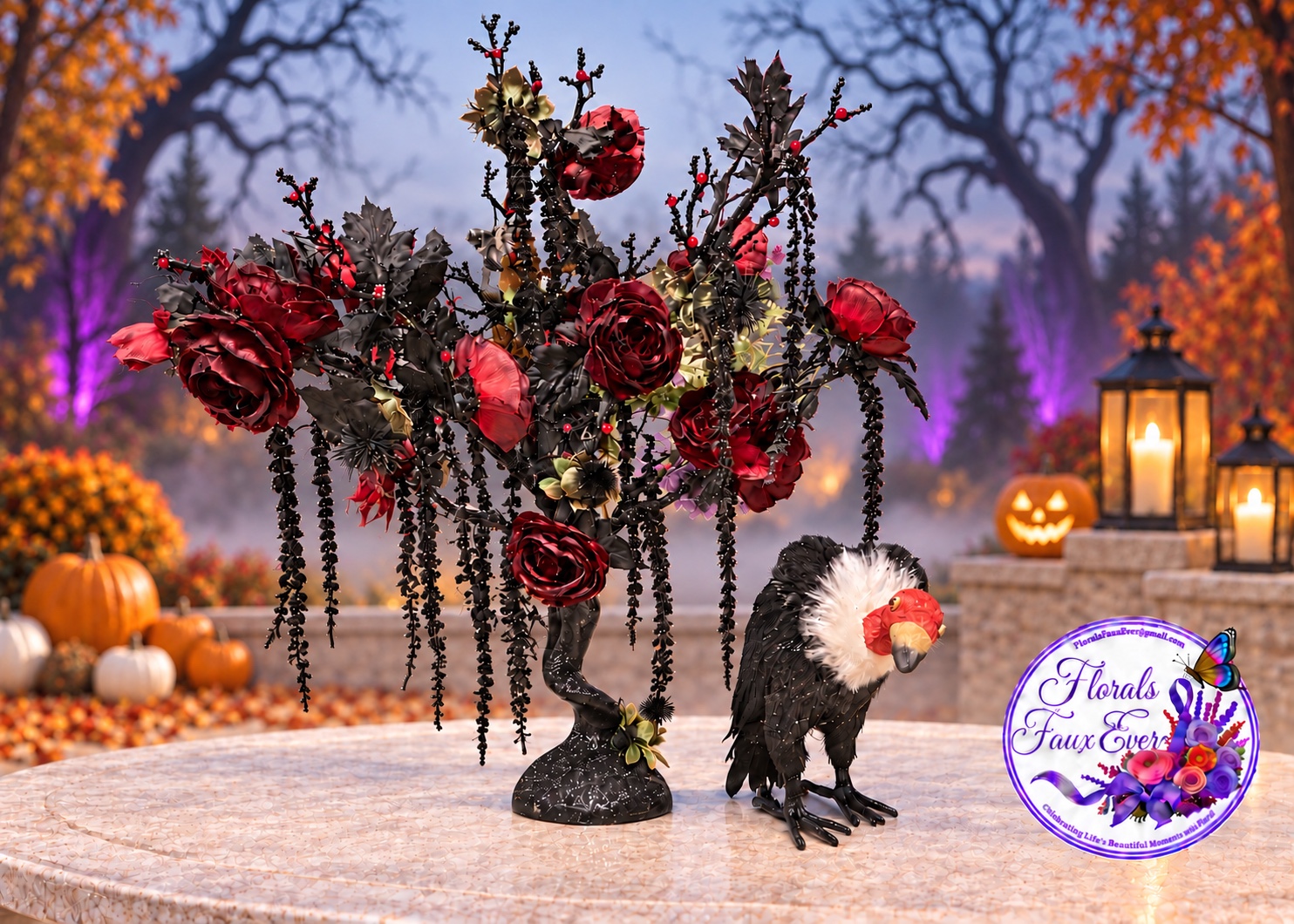 Crimson and black Halloween floral arrangement with a sculptural bird