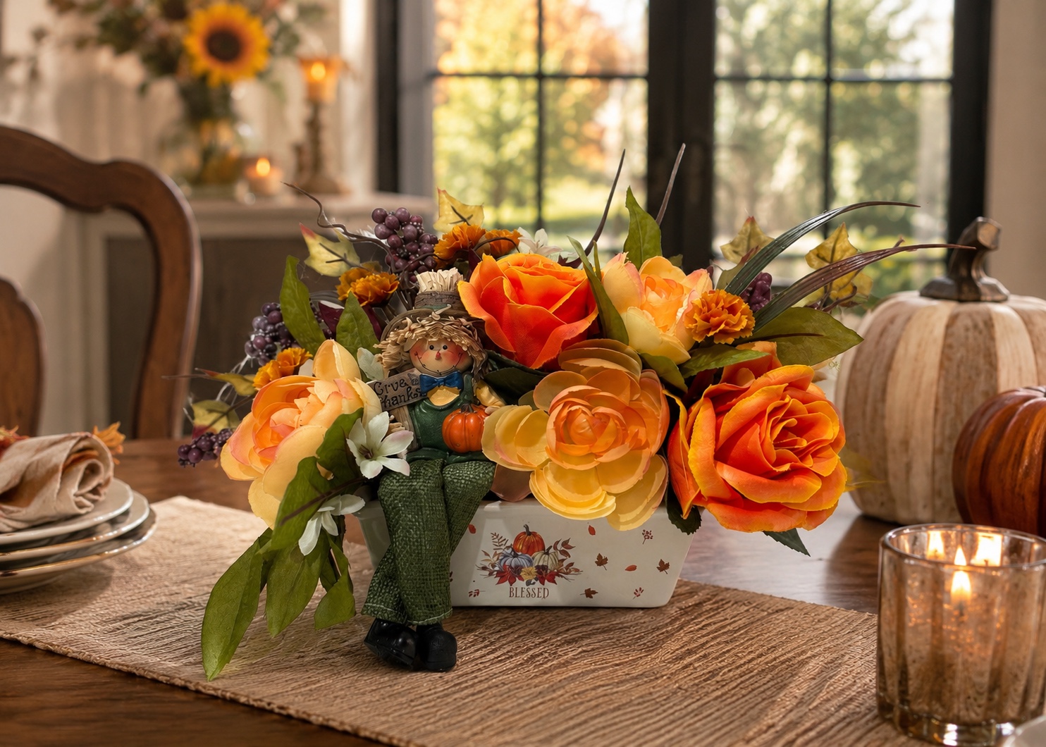 Small orange and gold autumn floral arrangement with a scarecrow in a Blessed container