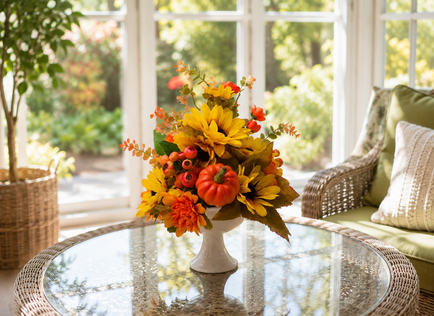Autumn sunflower arrangement with orange flowers berries and a pumpkin in a white pedestal bowl
