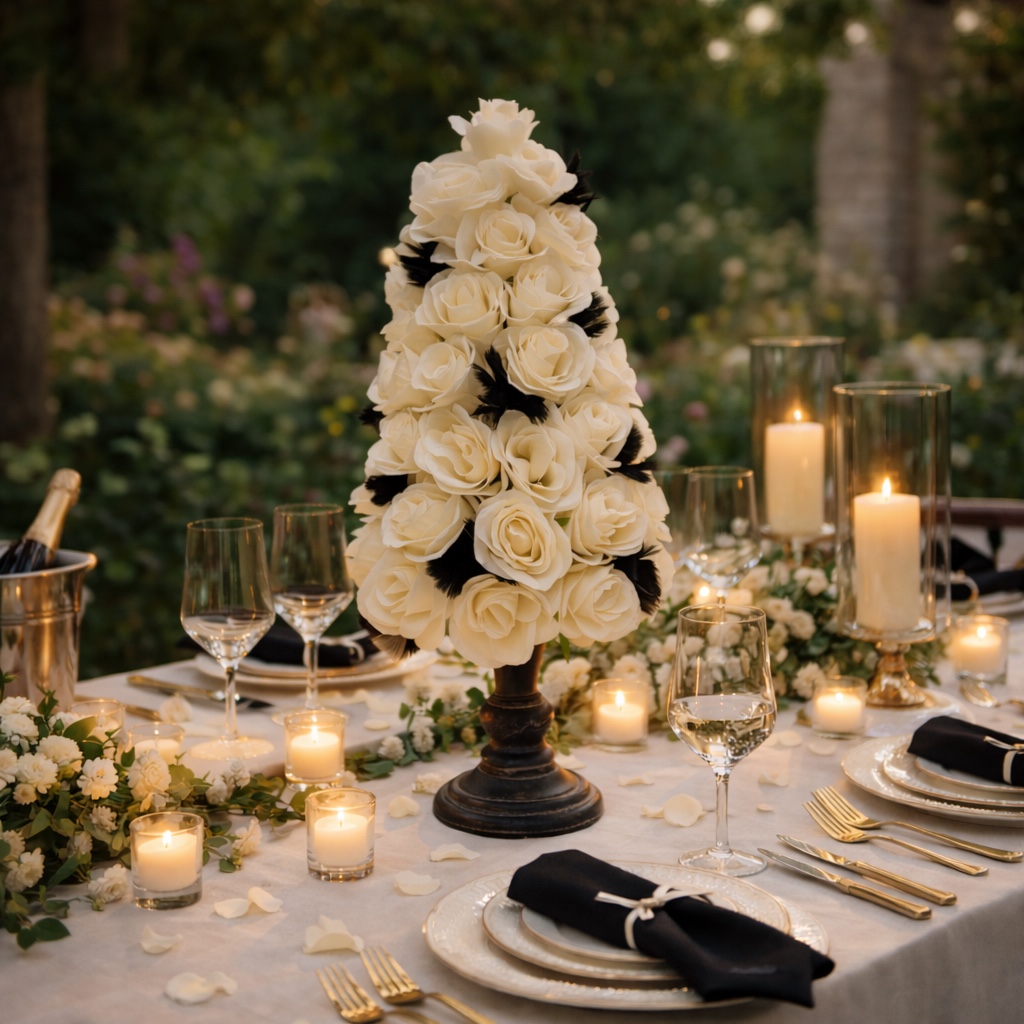 Tall ivory rose arrangement with dramatic black accents on a pedestal