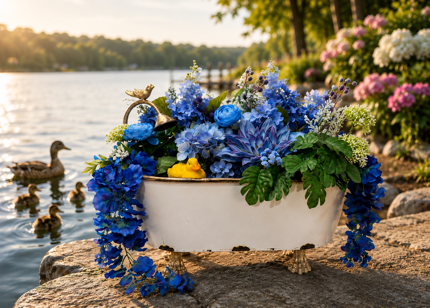 Blue floral arrangement in a white footed container with bird and duck accents