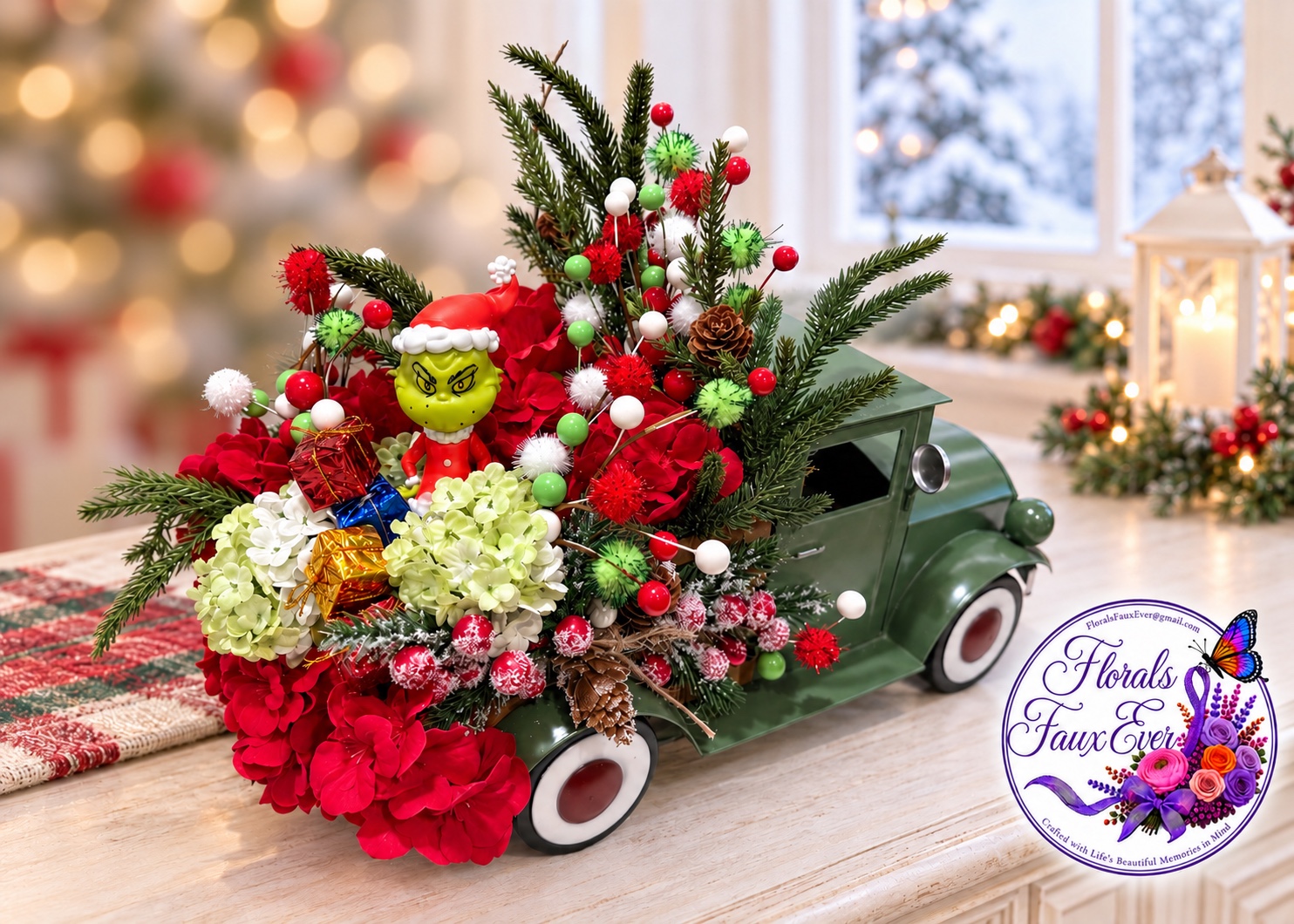 Playful green holiday truck arrangement with red and white flowers