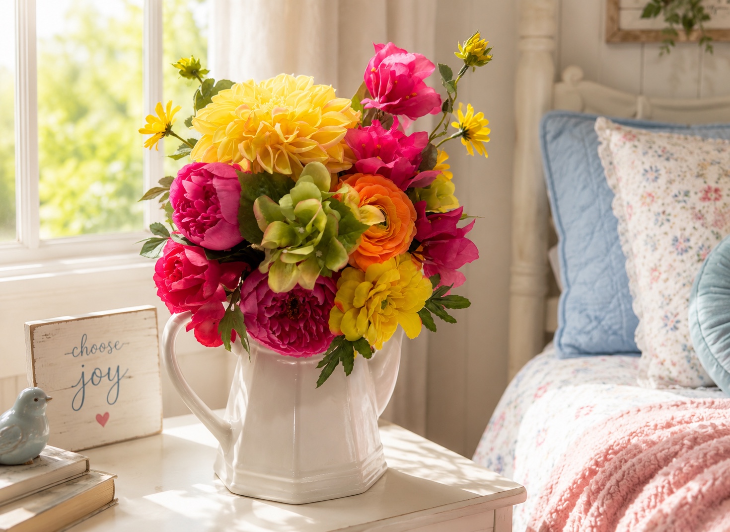 Bright pink yellow orange and green floral arrangement in a white ceramic pitcher