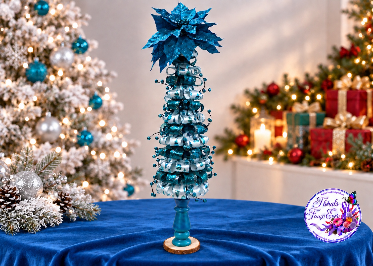 Tall blue Christmas tree arrangement with metallic accents