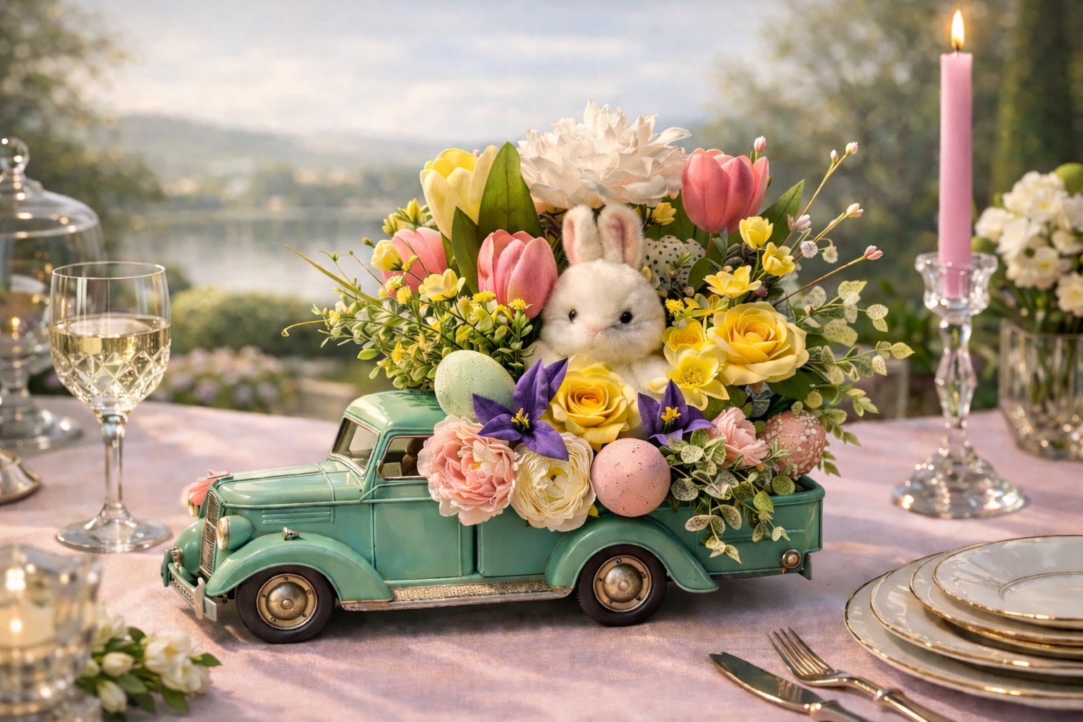 Mint green vintage truck filled with an Easter bunny, pastel eggs and spring flowers
