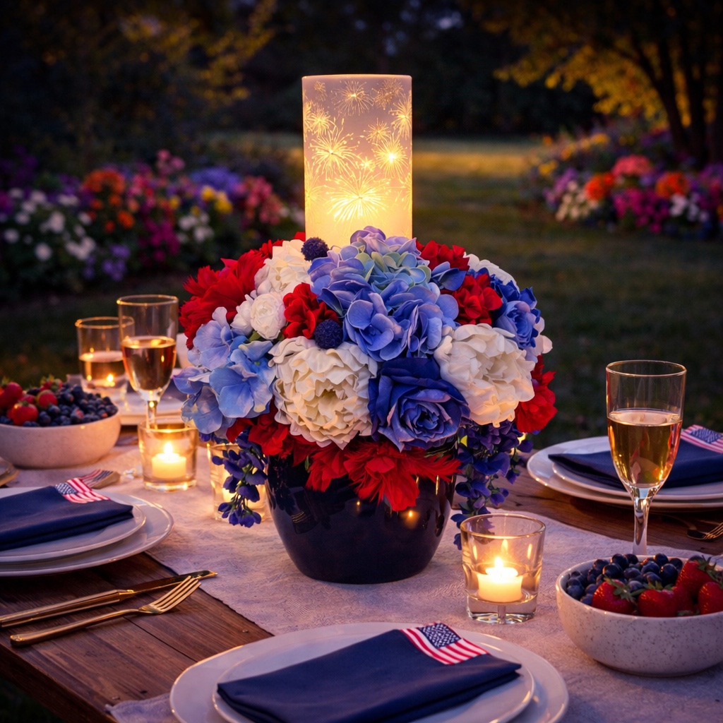 Full red white and blue patriotic floral arrangement with a flashing fireworks light