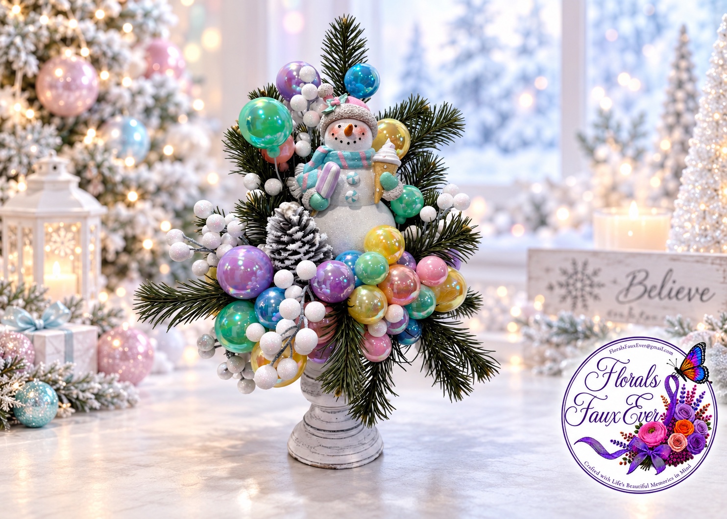 Pastel snowman holiday arrangement with colorful ornaments