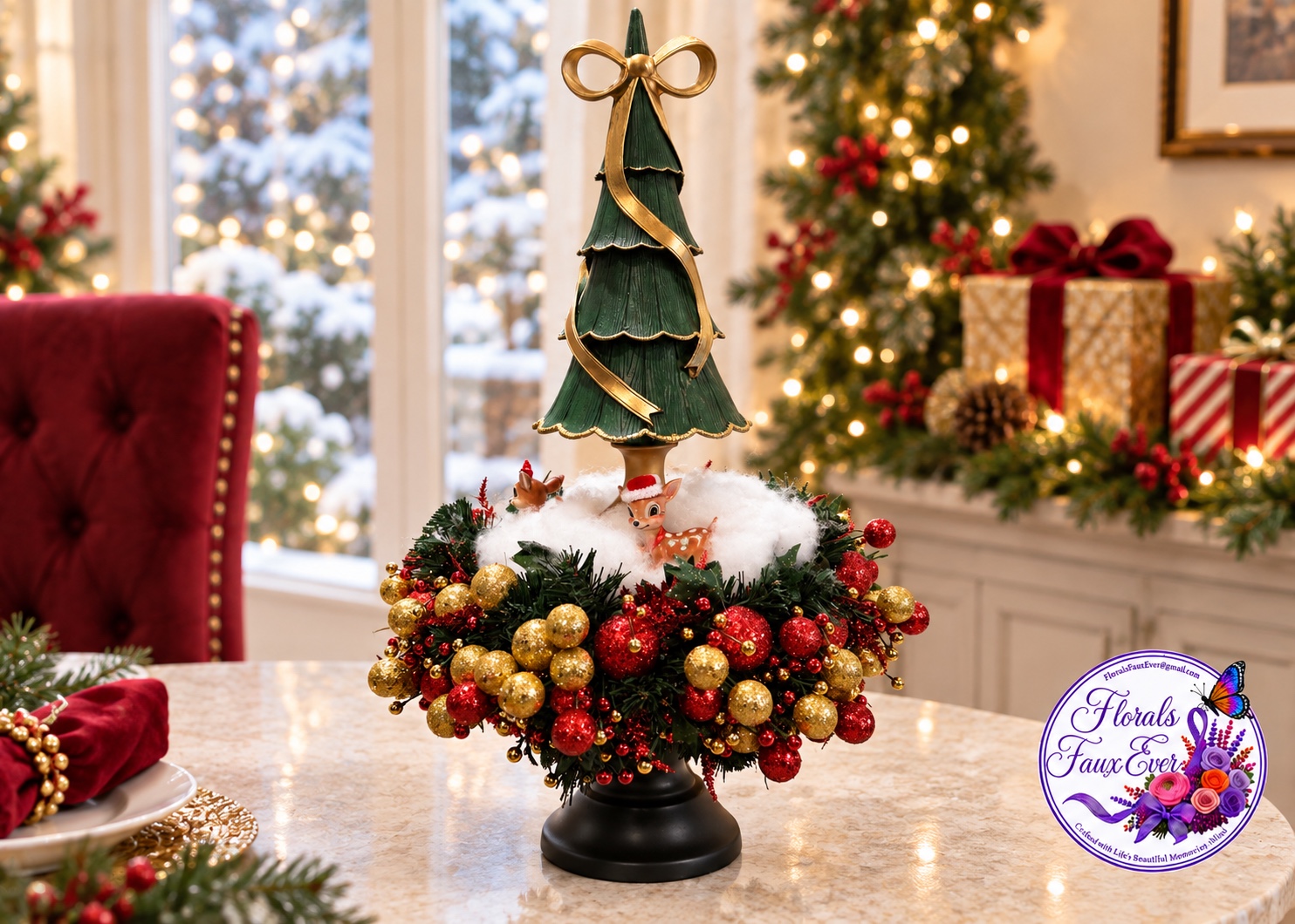 Christmas tree arrangement with red, gold and green ornaments