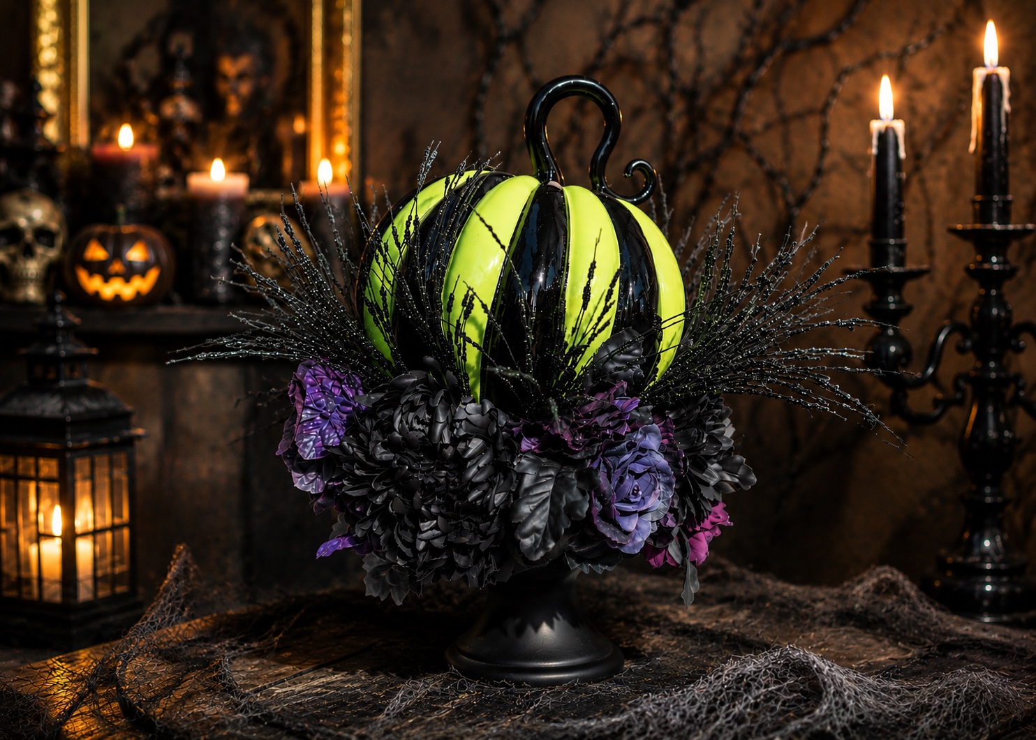 Black and neon green pumpkin Halloween arrangement with purple flowers