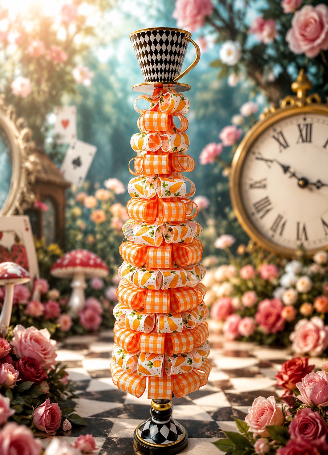 Tall orange ribbon topiary topped with a black and white teacup